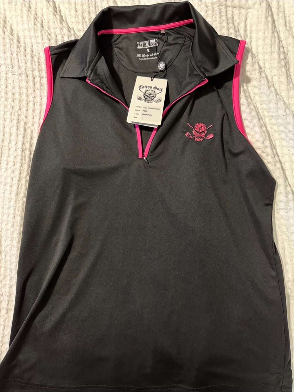 Tattoo Golf Women's Black Sleeveless Polo Swim Coverup with Pink Trim